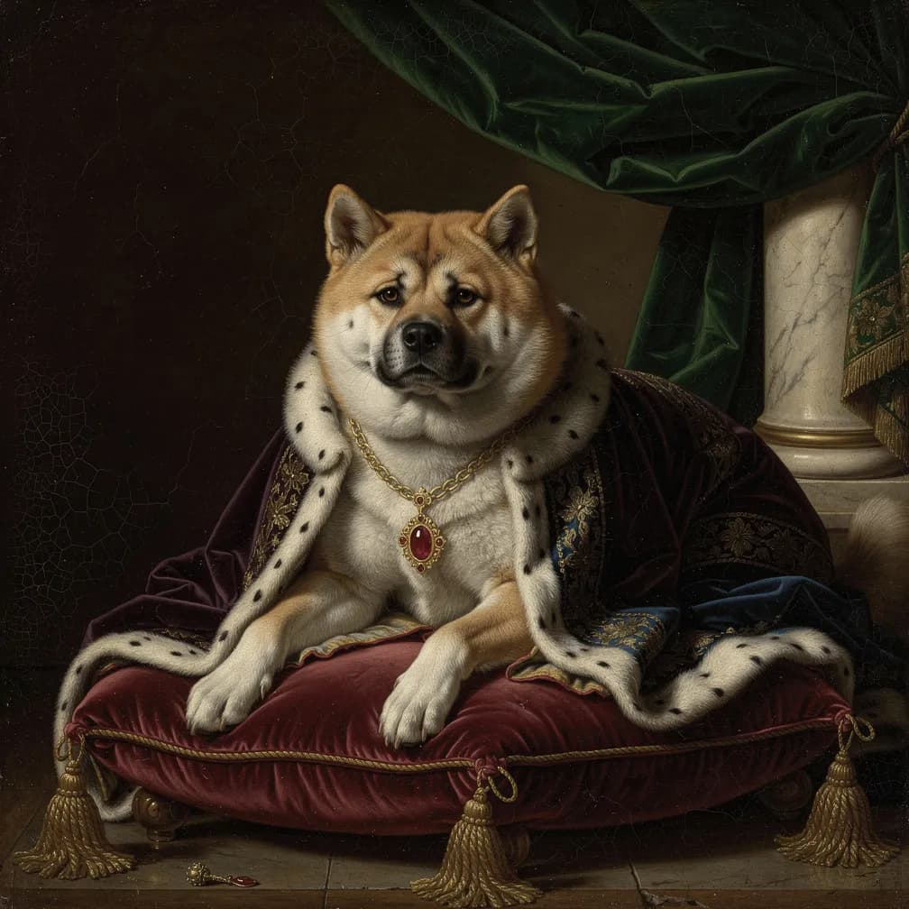 Akita hond met dikke vacht en opgerichte oren in majestueuze pose, perfect voor Renaissance portret schilderij