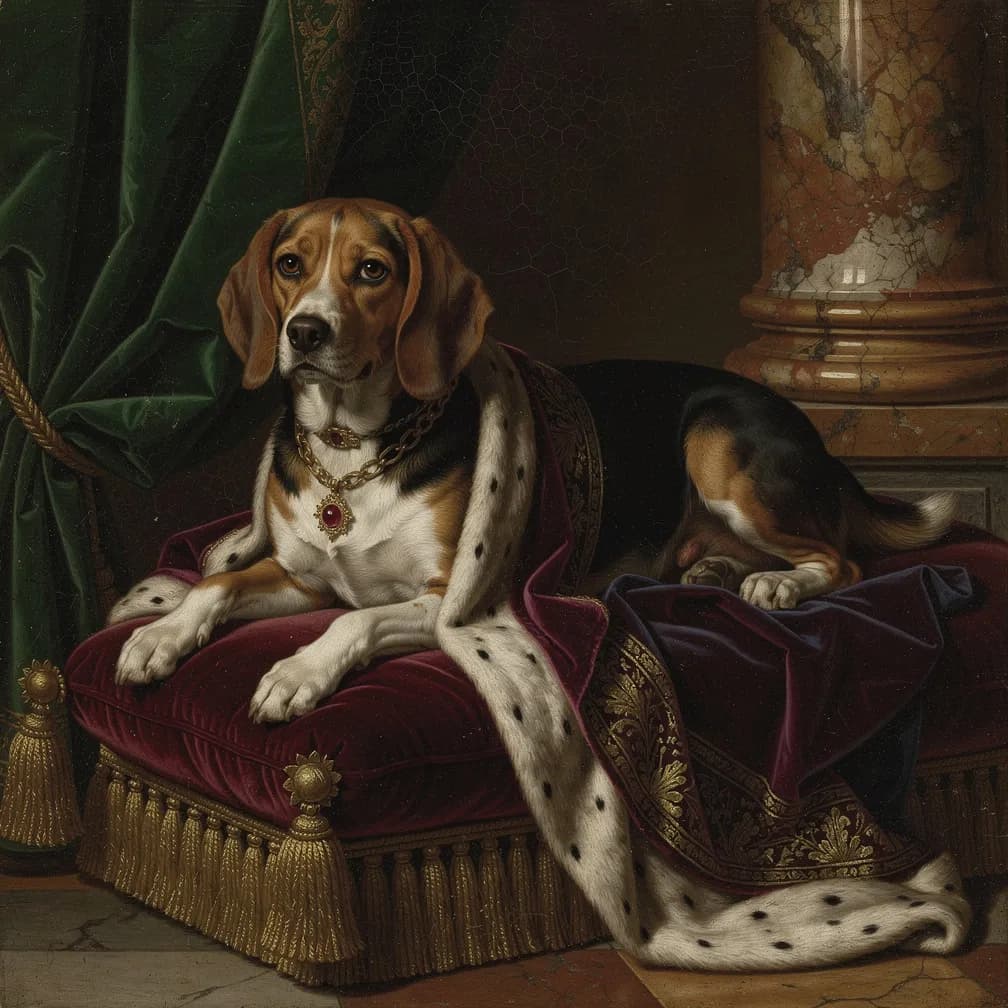 Beagle hond portret in Renaissance stijl met klassieke Vlaamse meester schildertechniek en rijke kleuren