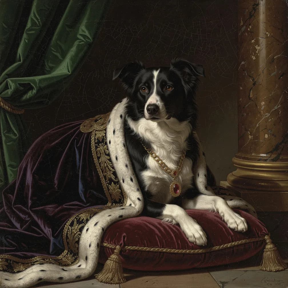 Border Collie hond in Renaissance schilderij stijl, zwart-wit vacht, intelligente blik, klassiek portret