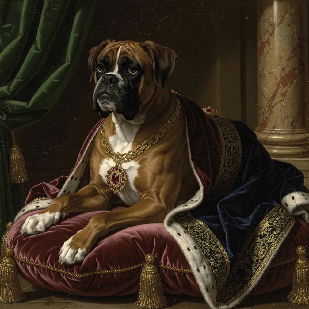 Boxer hond portret in Renaissance stijl met klassieke Vlaamse meester schildertechniek en nobele uitstraling
