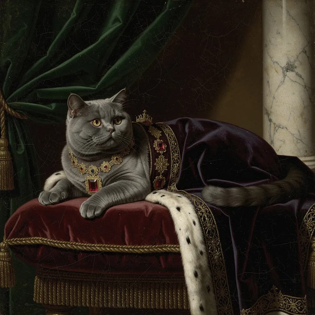 Britse Korthaar kat portret met typische ronde kop, dichte vacht en kalme uitstraling, perfect voor Renaissance schilderij