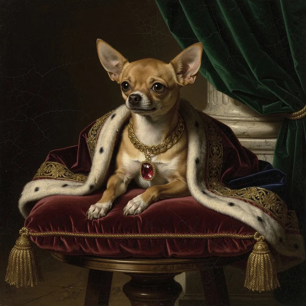 Chihuahua hond portret in Renaissance schilderij stijl, kleine hond met grote expressieve ogen en koninklijke uitstraling