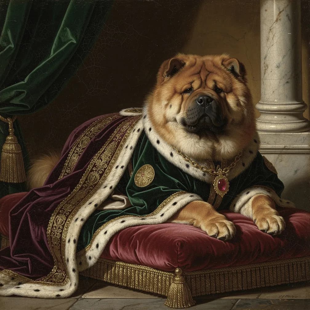 Majestueuze Chow Chow hond met leeuwachtige manen en blauwe tong, perfect voor Renaissance portret schilderij