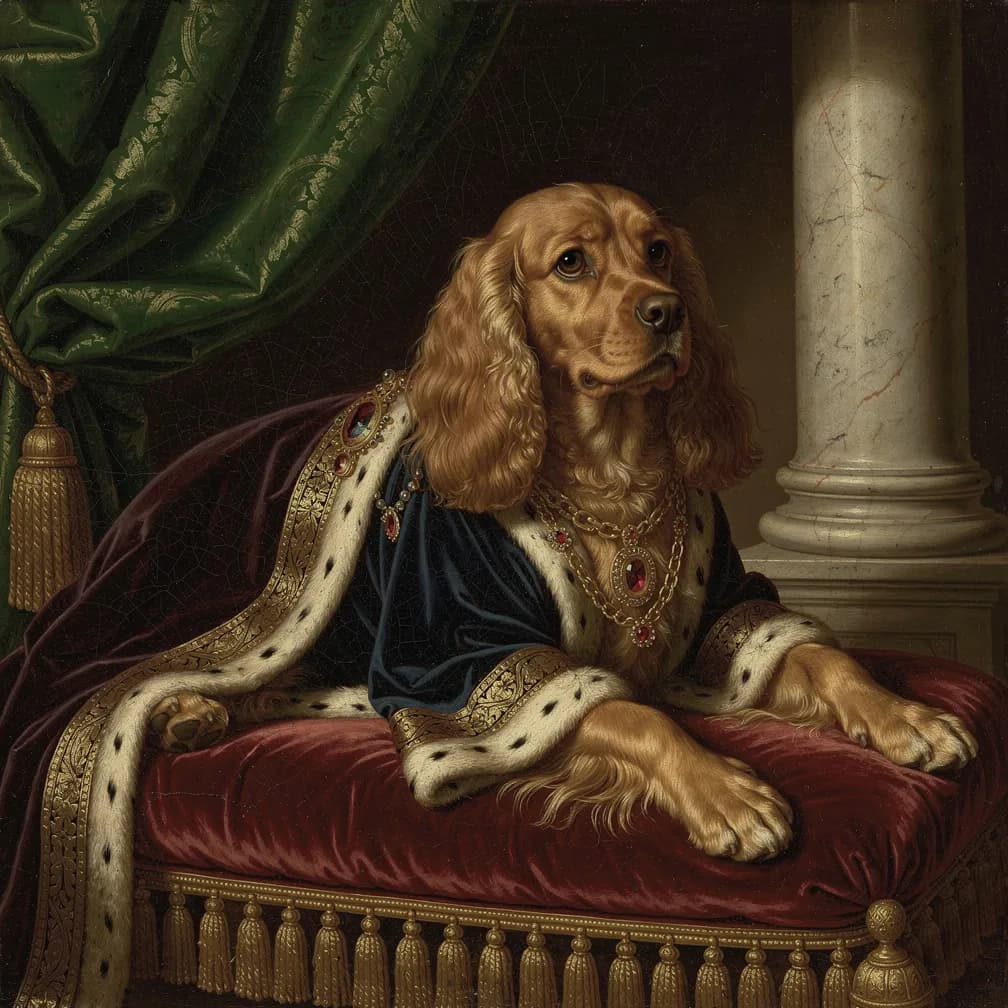 Cocker Spaniël hond met lange oren en zijdezachte vacht in klassieke Renaissance portret schilderij stijl