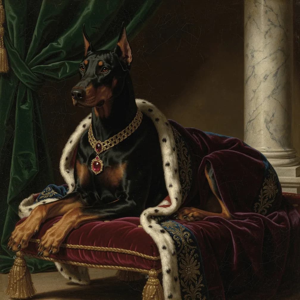 Dobermann hond in elegante Renaissance portret stijl schilderij met klassieke Vlaamse meester technieken