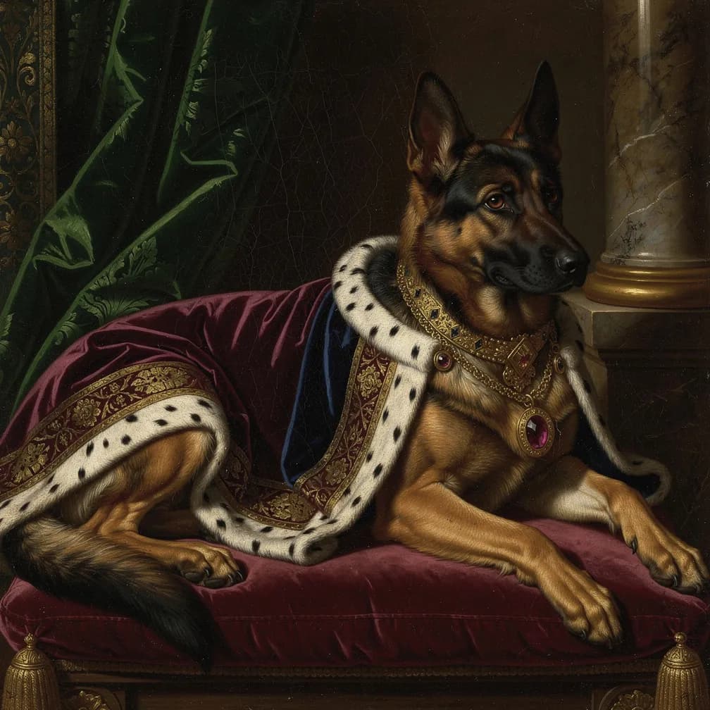 Deutsche Herder hond in klassiek Renaissance portret stijl, nobele houding en expressieve ogen, RoyalPet kunstwerk