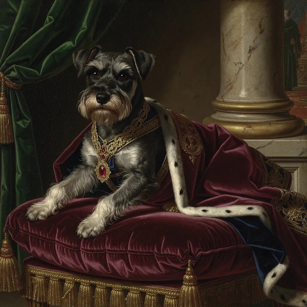 Dwergschnauzer hond met karakteristieke baard en wenkbrauwen, perfect model voor Renaissance portret schilderij