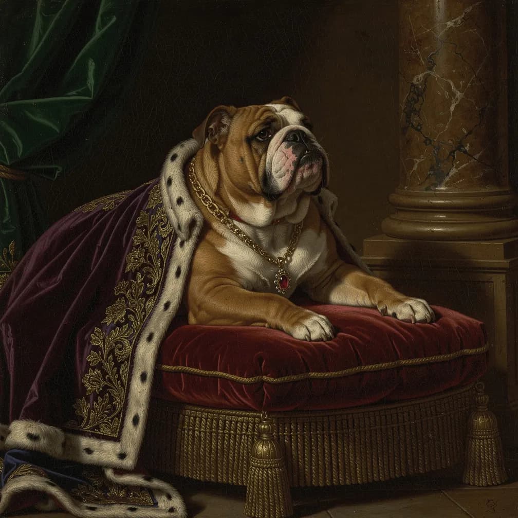 Engelse Bulldog in Renaissance schilderij stijl met koninklijke kleding en Vlaamse meester kunsttechniek