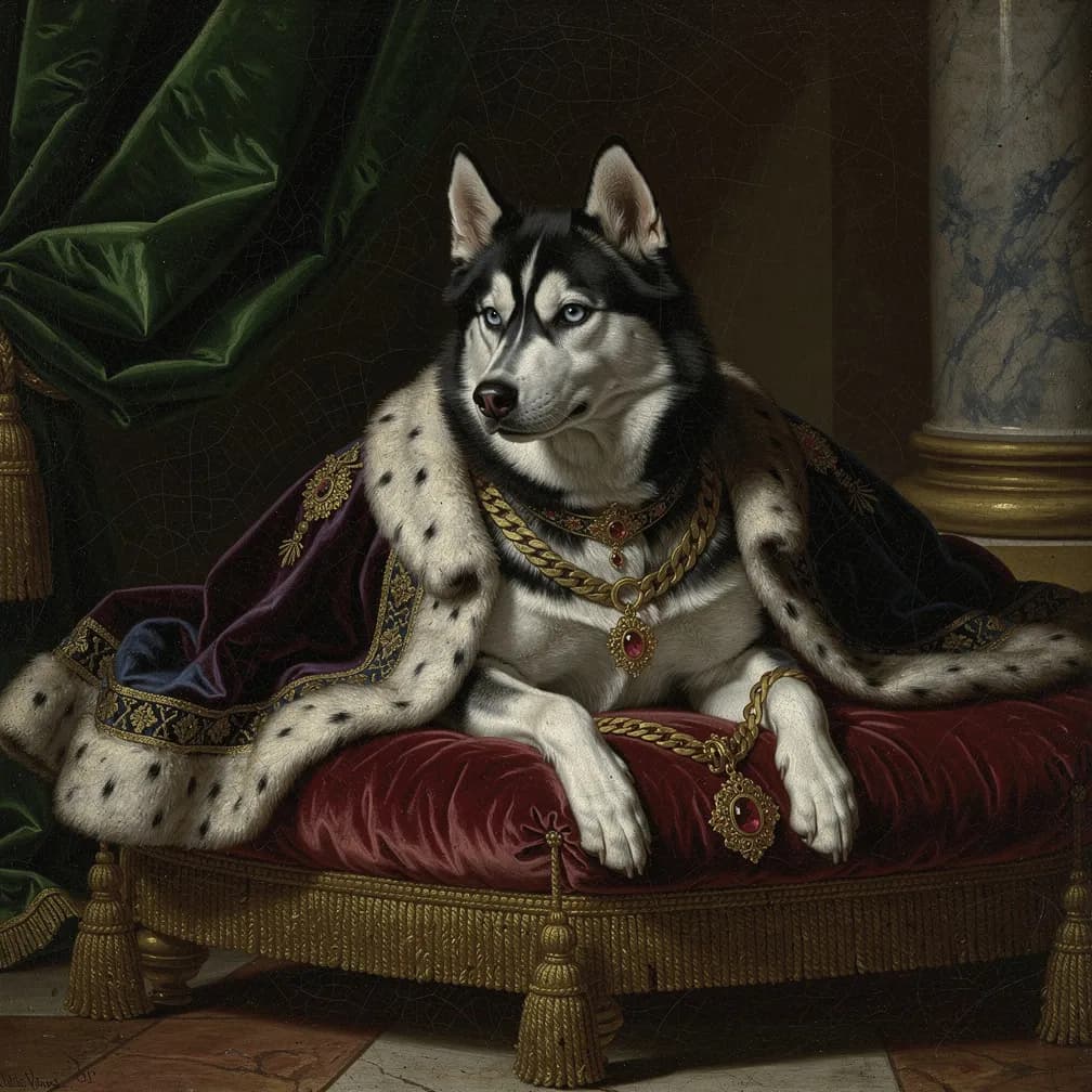 Majestueuze Siberian Husky met ijsblauwe ogen in Renaissance portret schilderij stijl