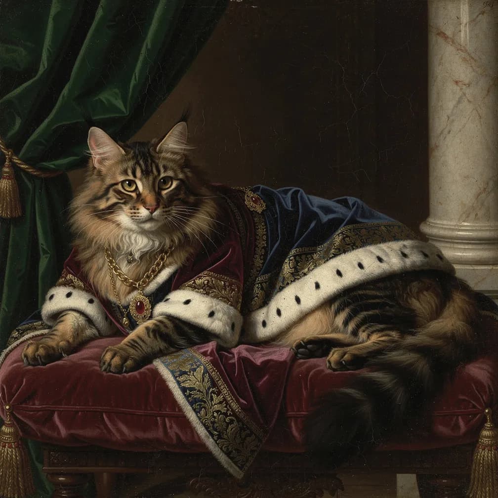 Majestueuze Maine Coon kat met lange vacht en karakteristieke pluimstaart in klassiek Renaissance portret stijl