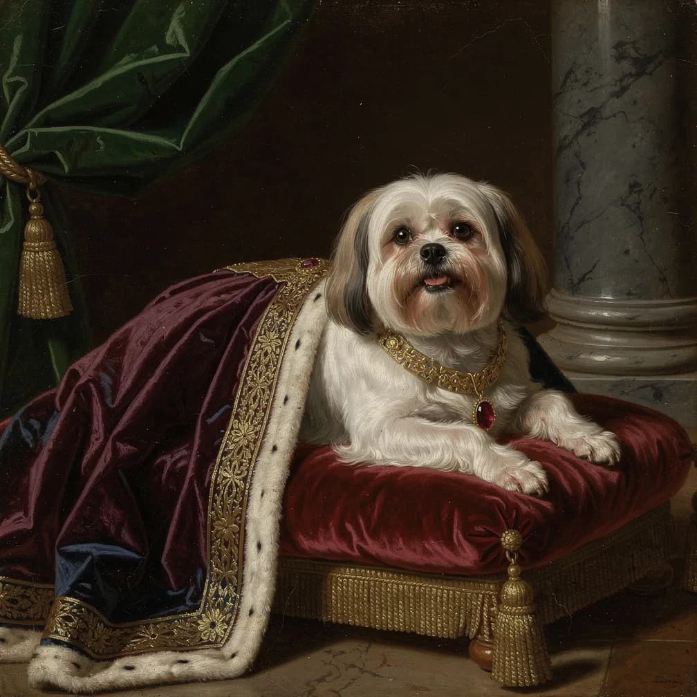 Elegante witte Maltezer hond met lange zijdeachtige vacht en donkere ogen, perfect voor Renaissance portret