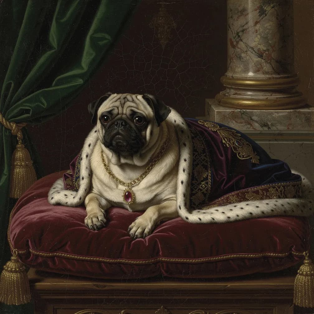 Mopshond portret in Renaissance stijl - klassieke schildering van een charmante pug met aristocratische uitstraling