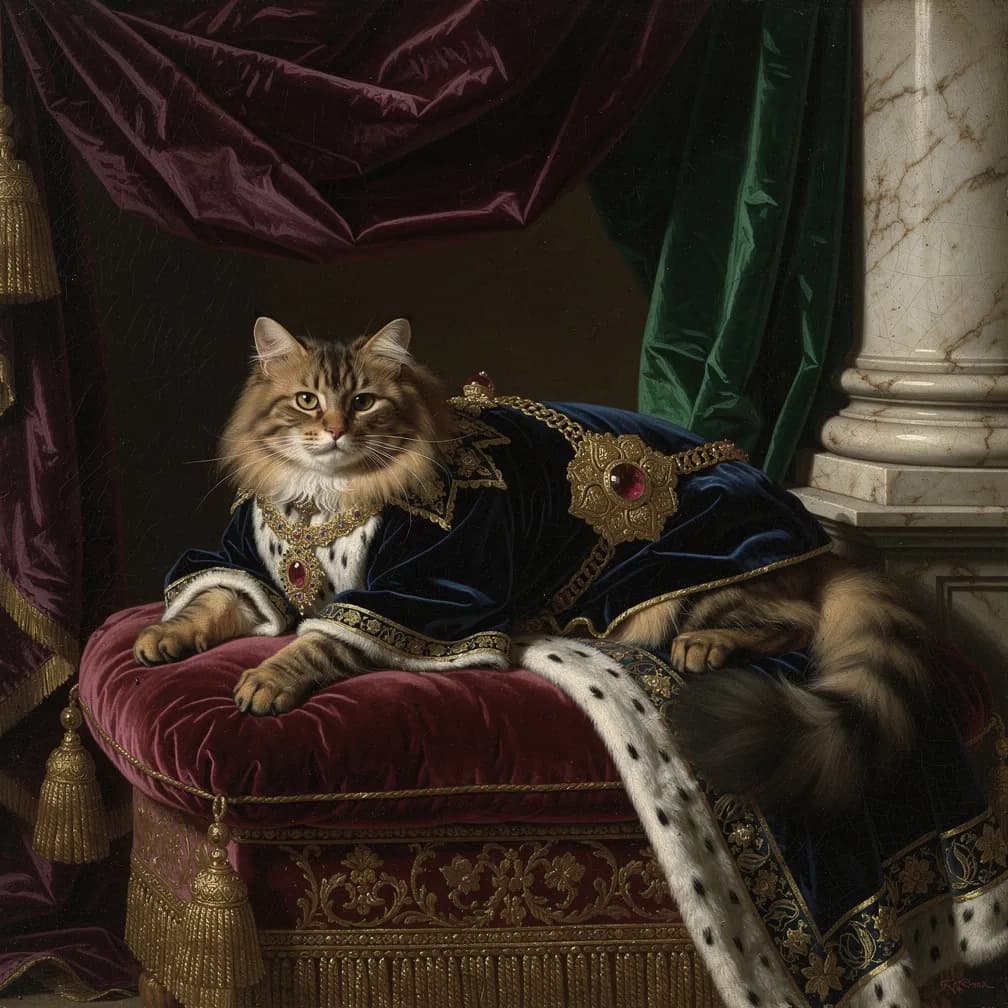 Perzische kat met lange vacht en grote ogen, elegante houding, perfect voor Renaissance portret schilderij
