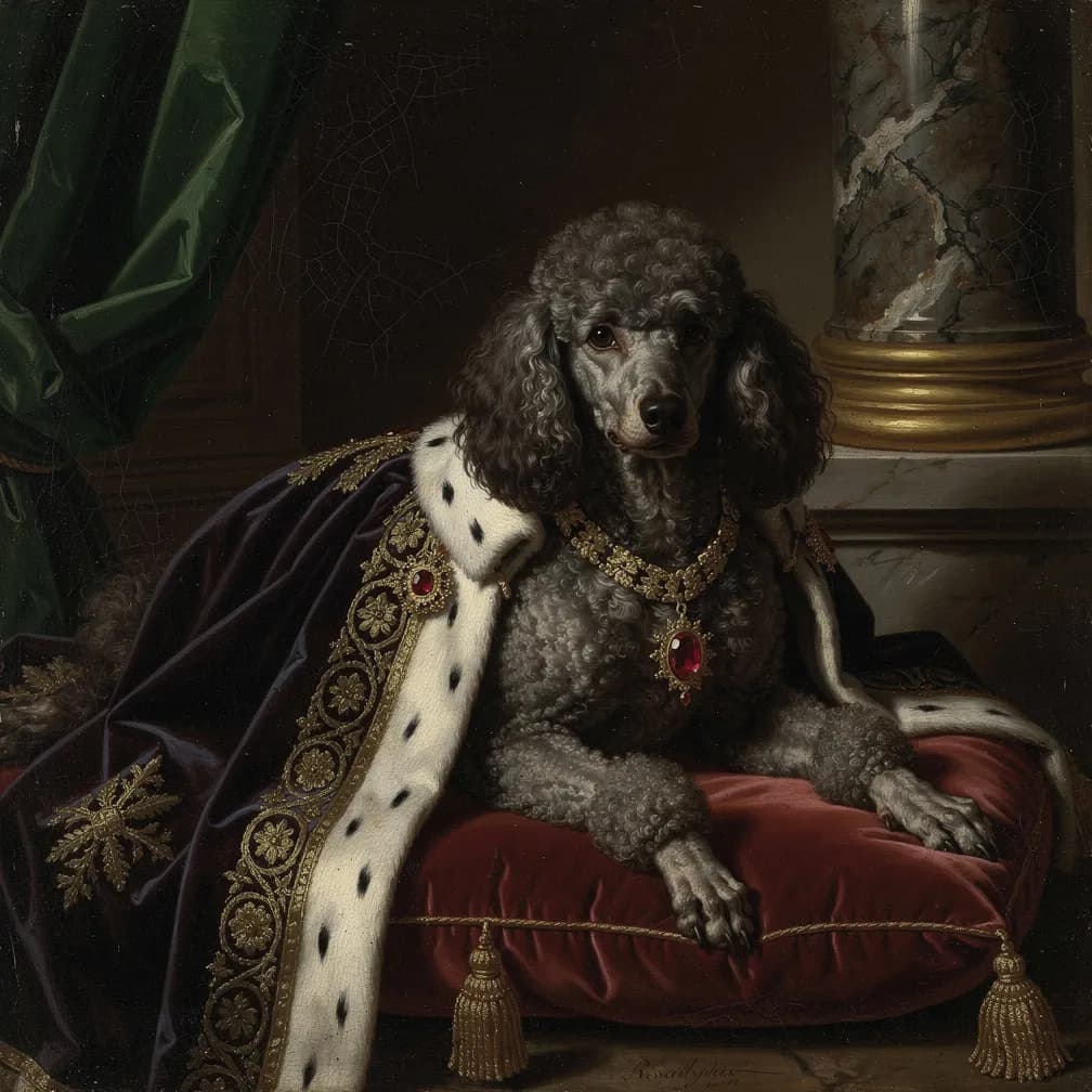 Elegante Poedel met krullende vacht in klassieke pose voor Renaissance portret schilderij