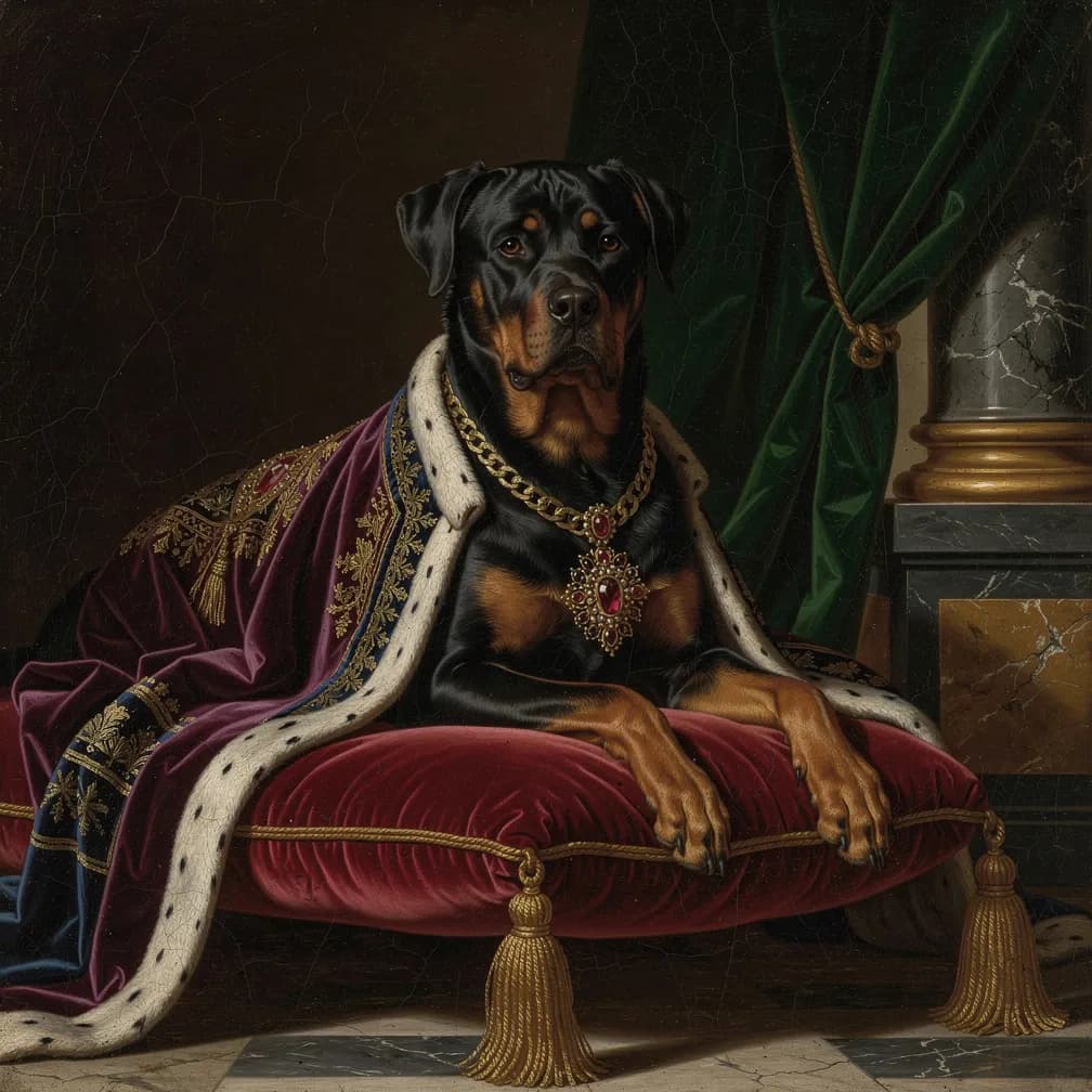 Rottweiler hond portret schilderij Renaissance stijl zwart bruin krachtig ras