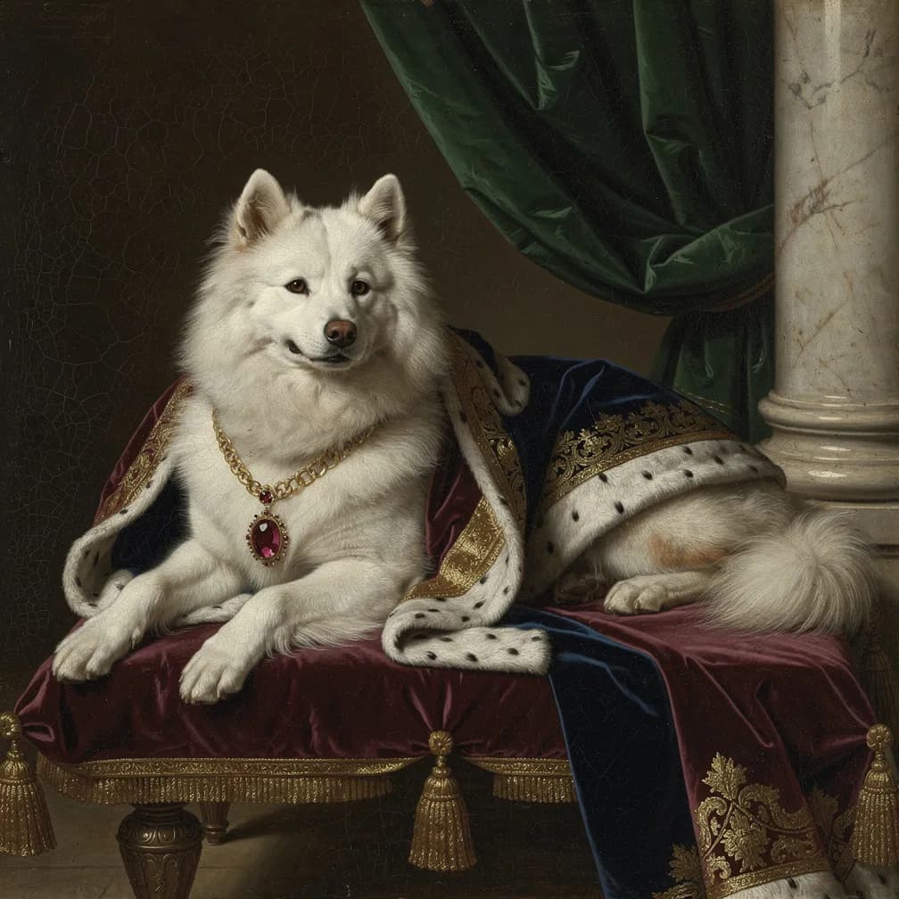 Witte fluffy Samoyed hond met karakteristieke glimlach, ideaal voor Renaissance portret schilderij