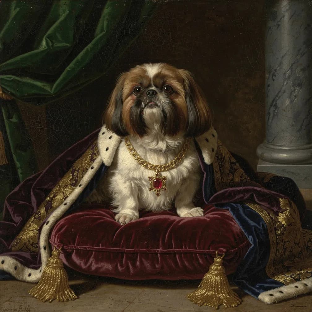 Shih Tzu hond met lange zijdeachtige vacht en grote donkere ogen, ideaal model voor Renaissance portret schilderij