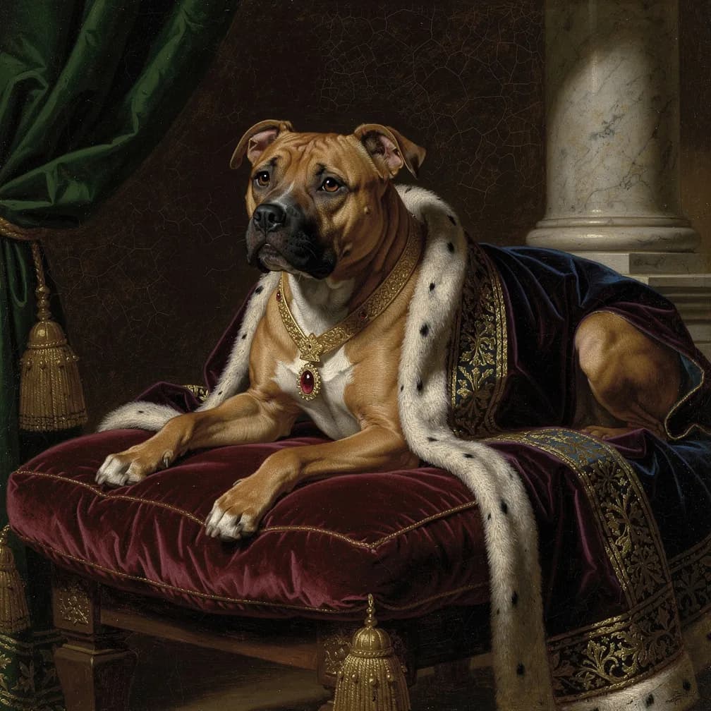 Staffordshire Bull Terrier hond portret in Renaissance schilderij stijl met klassieke Vlaamse meester technieken