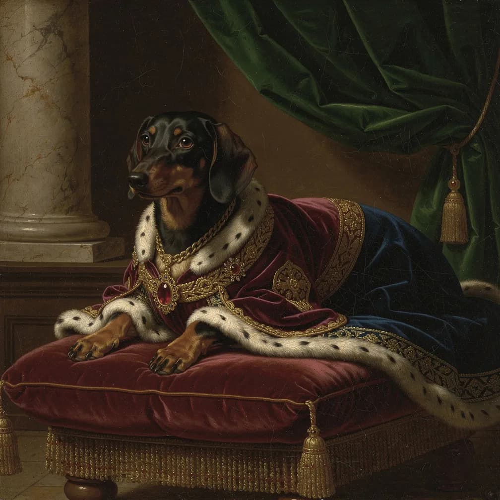 Teckel portret in Renaissance stijl - elegant klassiek schilderij van Duitse jachthond met karakteristieke lange lichaam