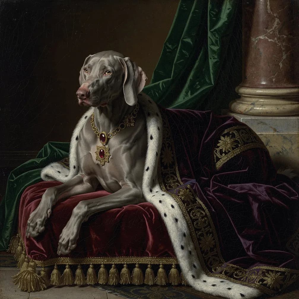 Elegante Weimaraner hond met karakteristieke zilvergrijze vacht en amberkleurige ogen in Renaissance portret stijl